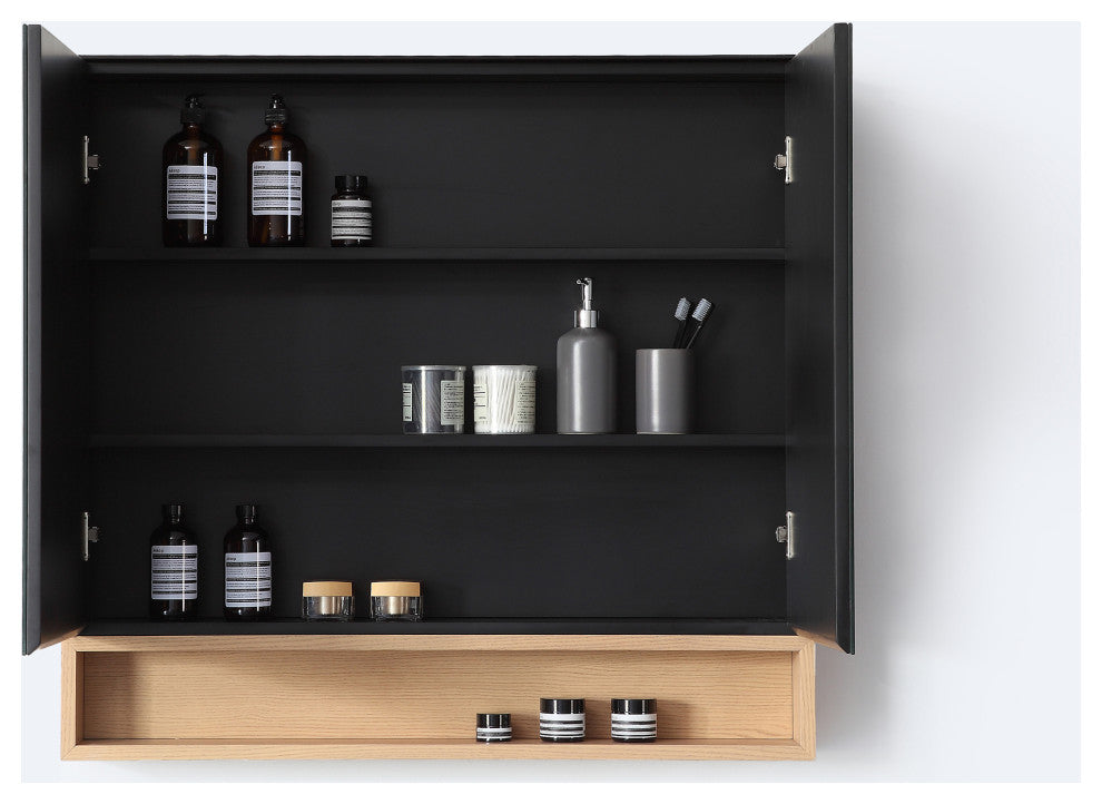 Bergen Modern Medicine Cabinet, Matte Black Frame, Whitewash Shelf, 36"