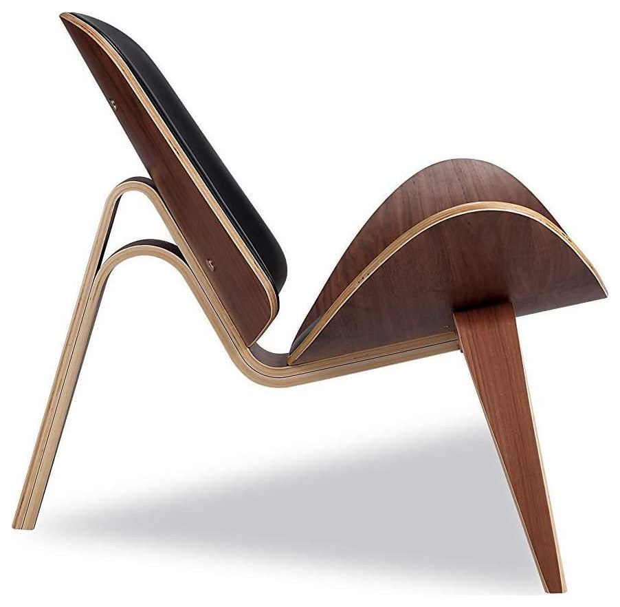 Constance Shell Chair in Walnut Finish With Italian Genuine Black Leather
