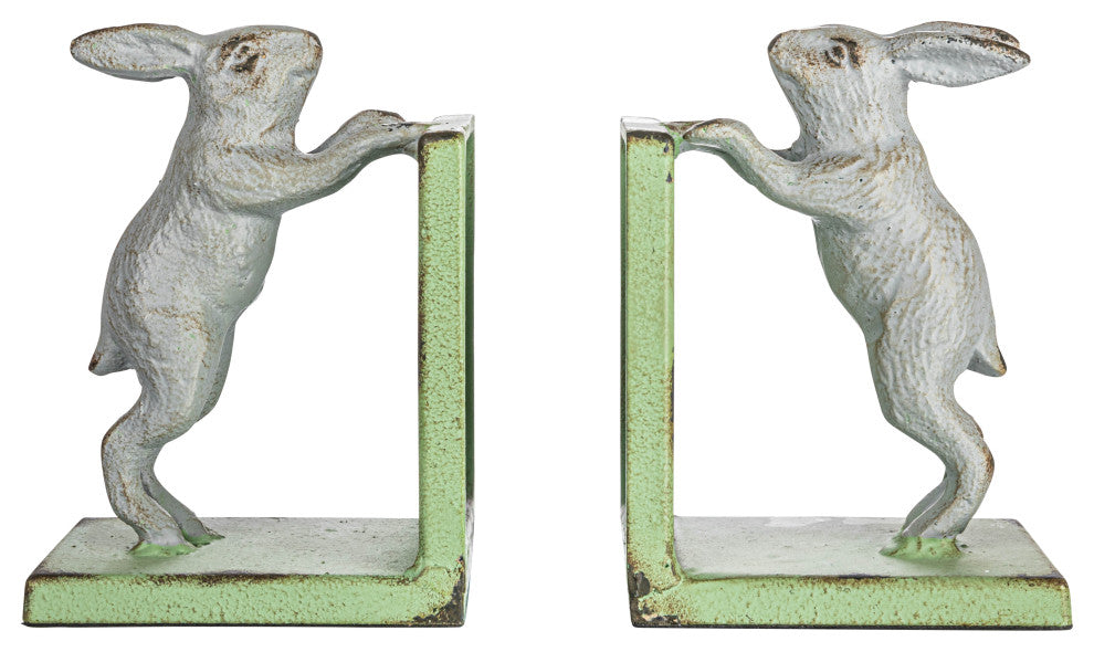 2-Tone Cast Iron Rabbit Bookends, Set of 2, Grey and Green