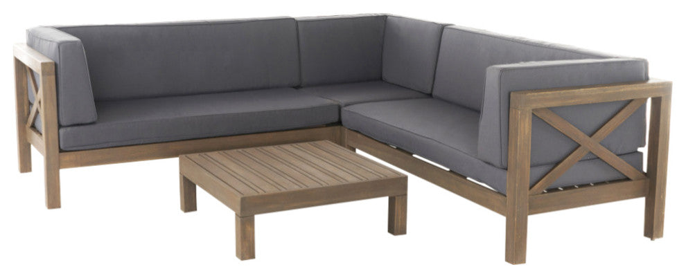 GDF Studio Brava Outdoor 4 Piece V-Shaped Acacia Wood Sectional Sofa Set, Dark Gray