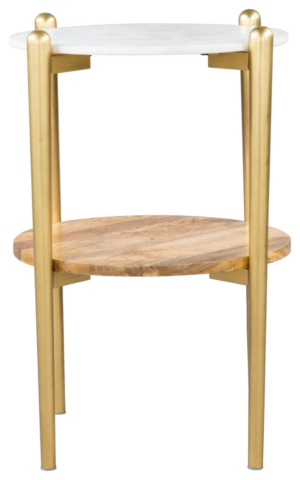 Sofa Side Table, Round, Artificial Marble, Steel Metal, White, Brown, Gold