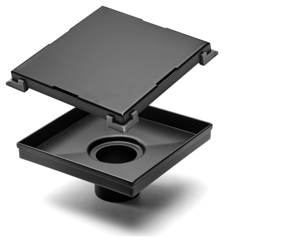 HEATGENE Square Shower Drain With Flat Cove, Matt Black, 4"