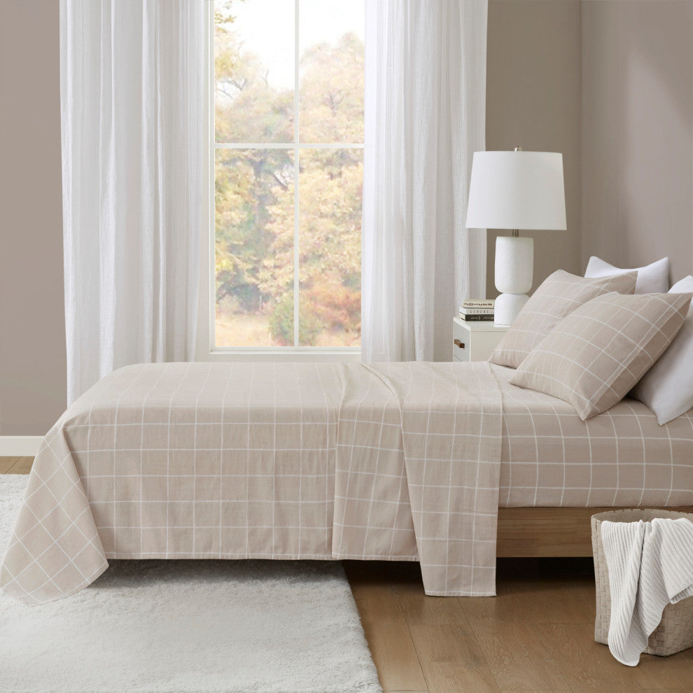 Beautyrest Oversized Flannel 4 Piece Sheet Set, Beige Windowpane