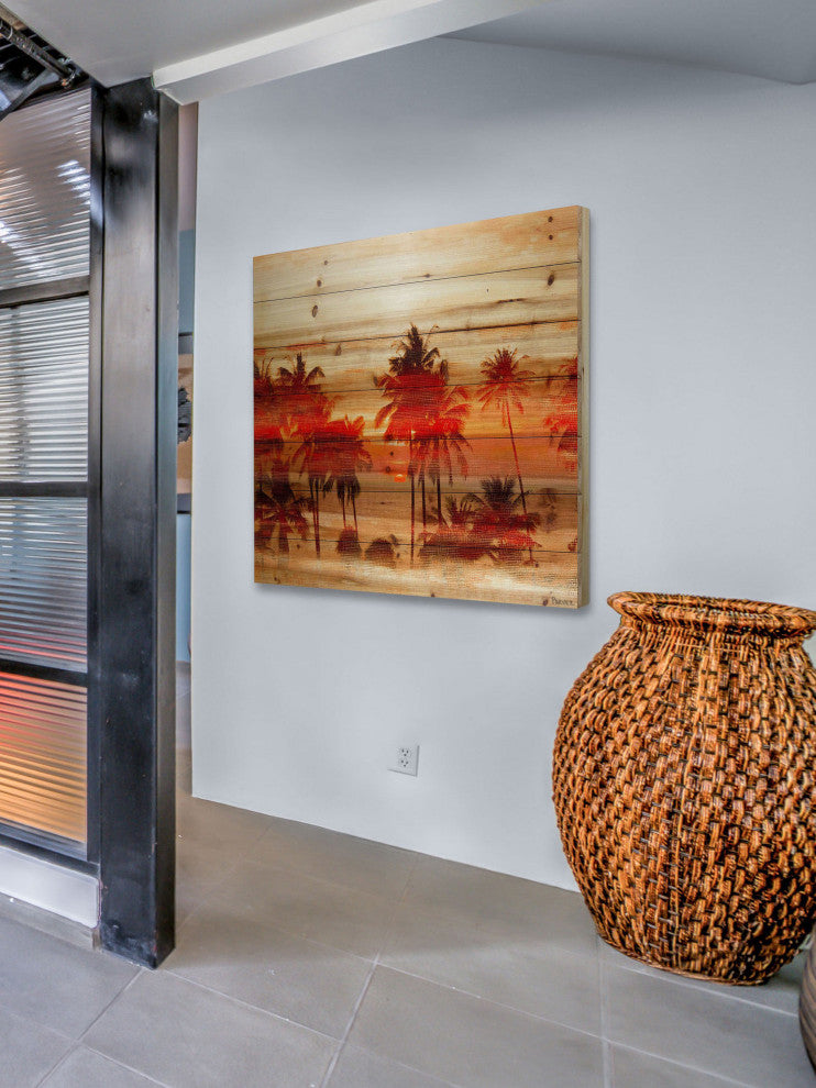 "Crimson Palms" Print on Natural Pine Wood, 32"x32"