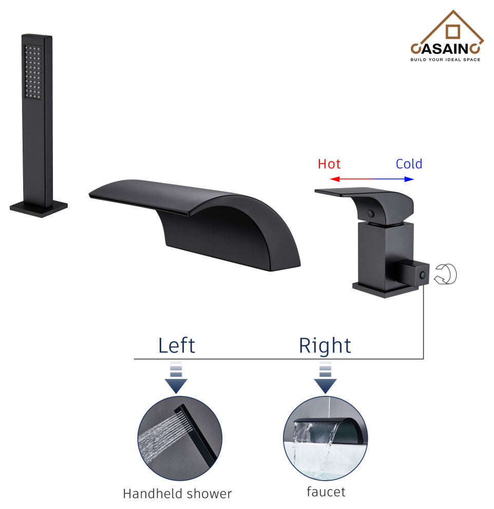 CASAINC Roman Tub Luxury Waterfall Faucet Set Spout w Hand Shower, Matte Black