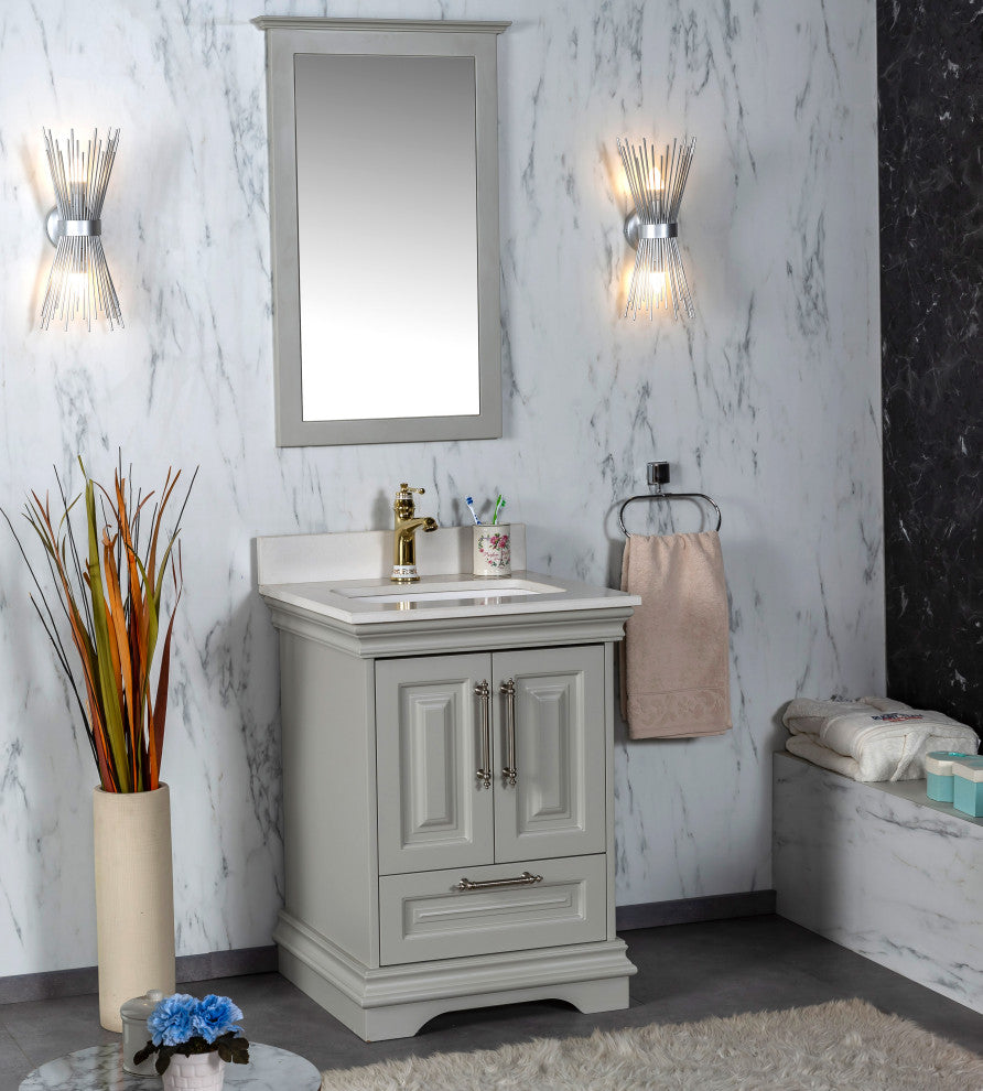 Romana Collection 24" Bathroom Vanity With Sink, Mirror, Countertop, Gray