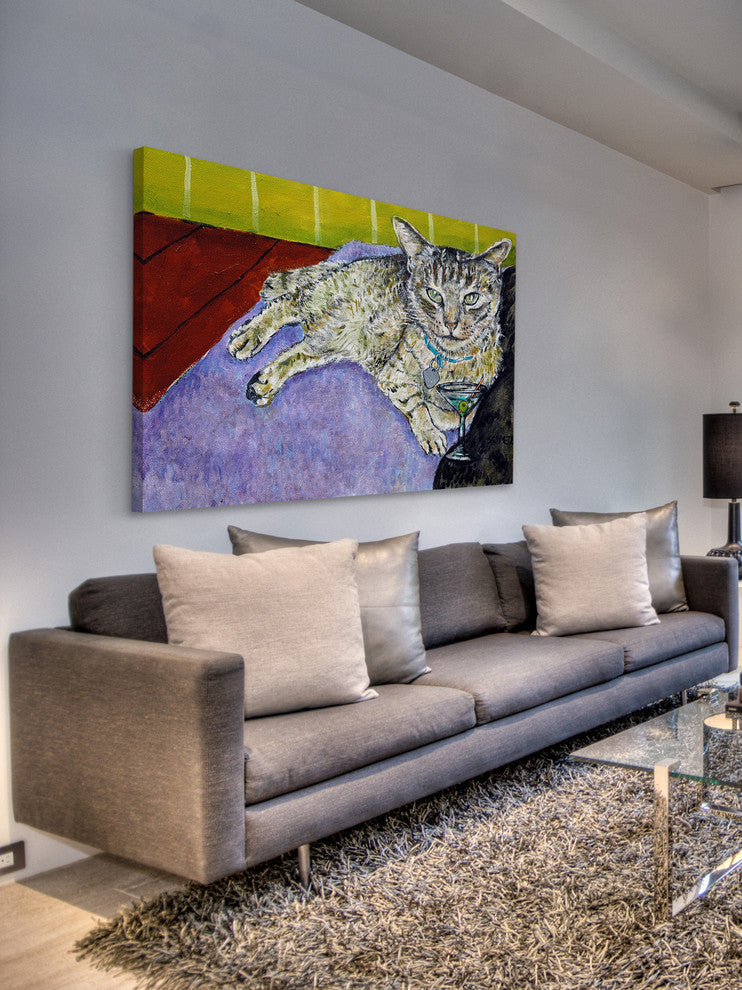 "Cat Martini" Painting Print on Wrapped Canvas, 60"x40"