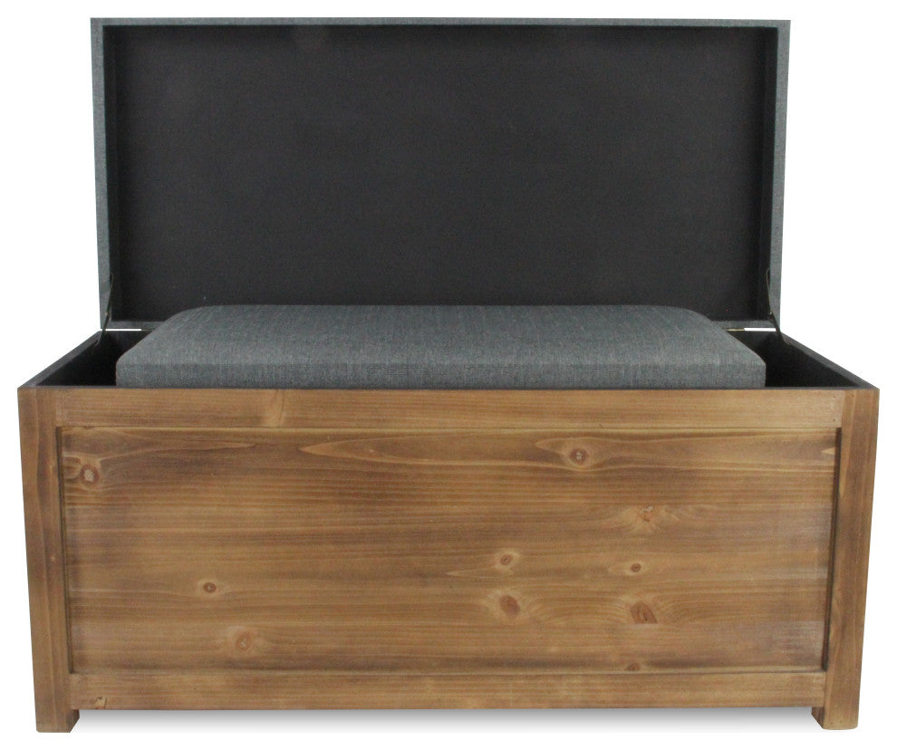 Storage Benches, Light Brown Wood, Gray Cushion, Hinged Lid, 2-Piece Set