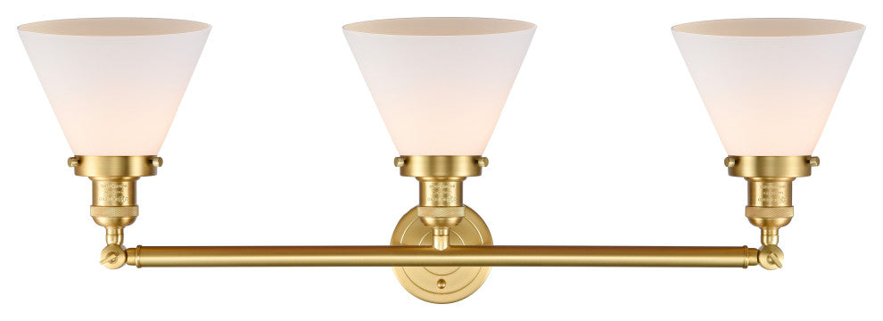 Large Cone 3 Light Bath Vanity Light, Satin Gold, Matte White