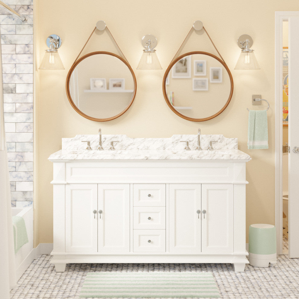 Elizabeth 60" Bathroom Vanity, Base: White, Top: Carrara Marble, Double Vanity