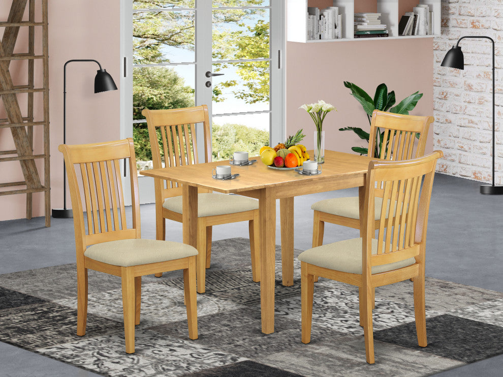 5Pc Kitchen Set, Table, 4 Chairs, Linen Fabic Seat, Slat Back, Oak