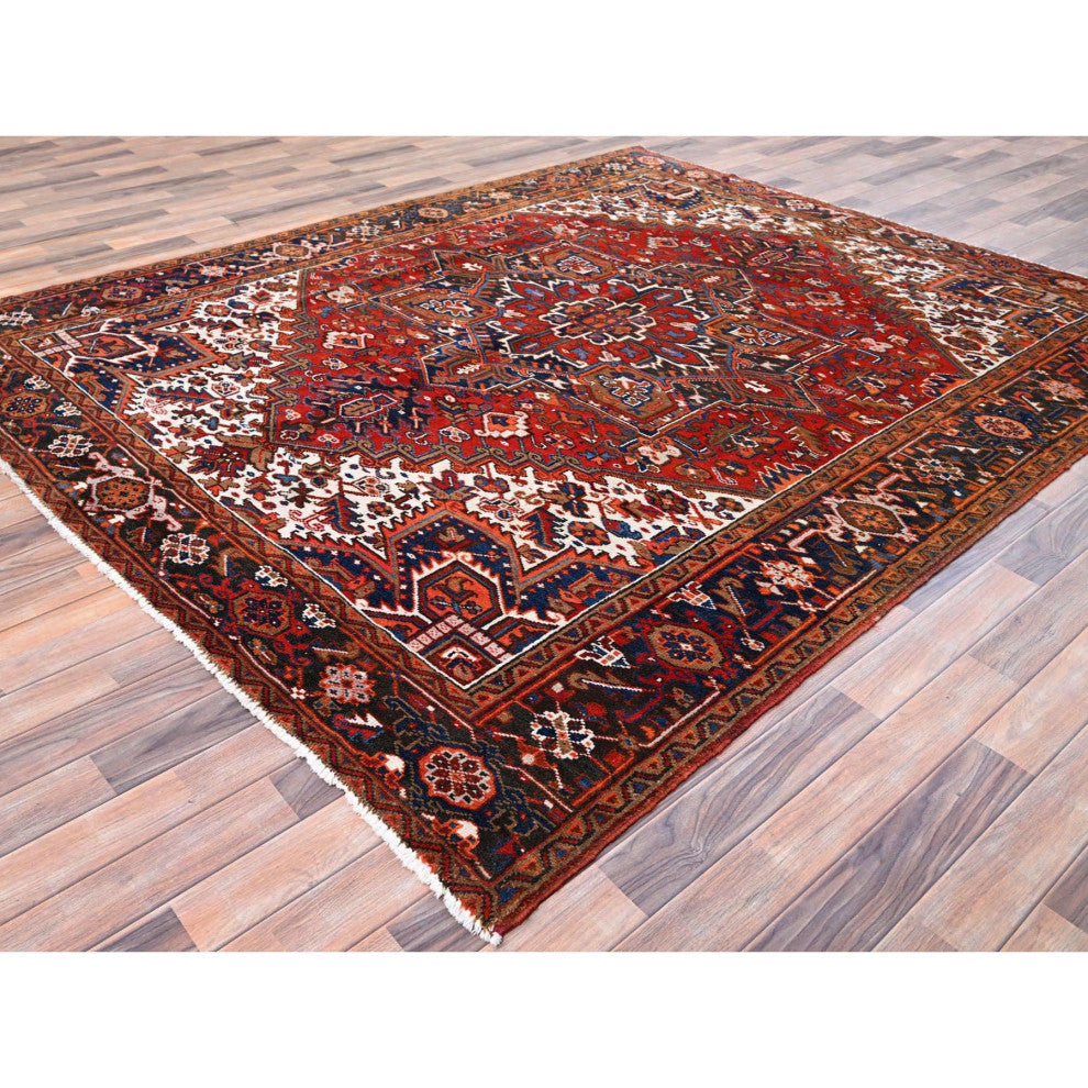 Chili Red Worn Wool Hand Knotted Vintage Persian Heriz Oriental Rug 7'5"x8'10"