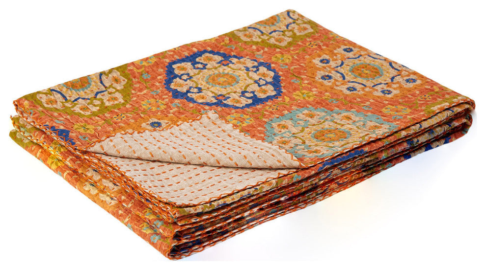 50" X 70" Orange and Blue Kantha Cotton Floral Throw Blanket with Embroidery