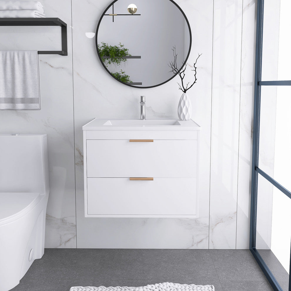 24" MDF Wall Mounted Bath Vanity, Integrated Ceramic Sink, White