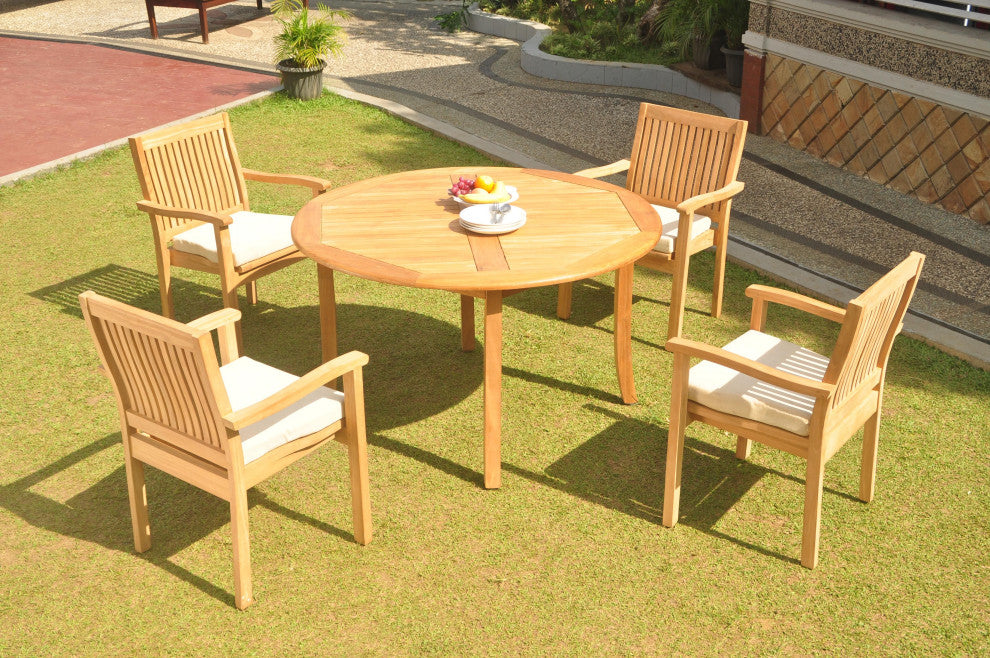 5-Piece Outdoor Teak Dining Set: 52" Round Table, 4 Leveb Stacking Arm Chairs