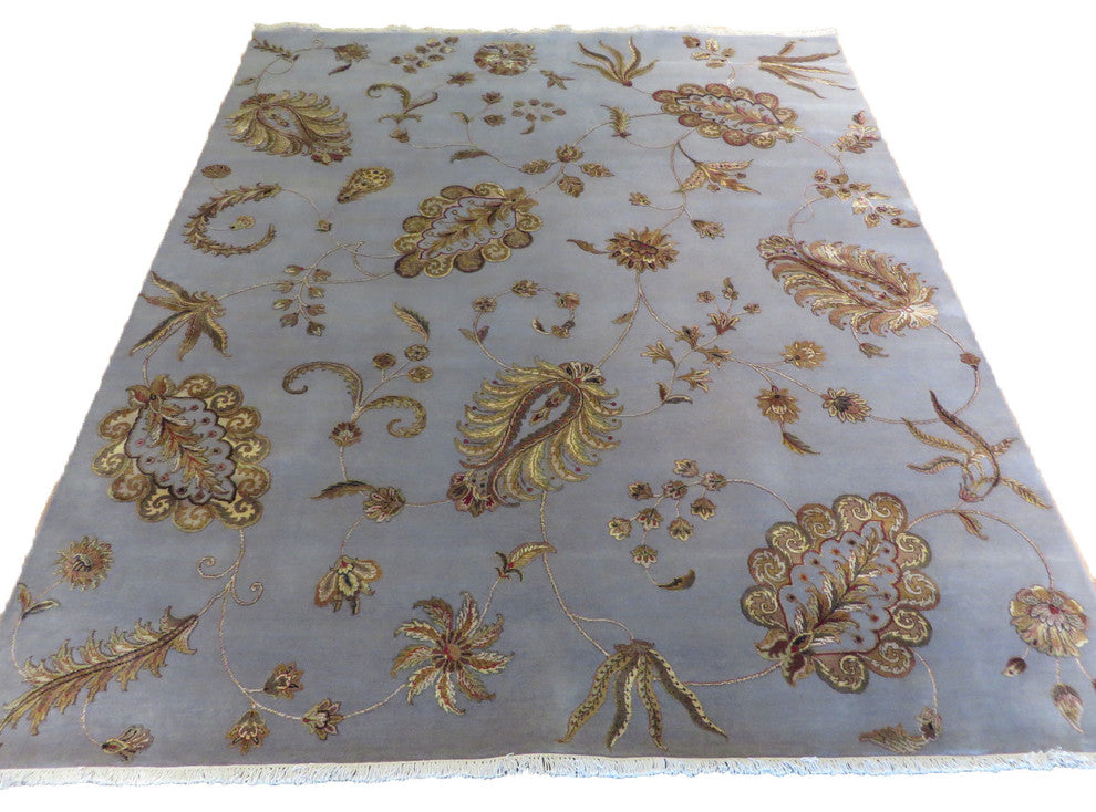 8x10 Hand Knotted Light Blue Agra With Silk Oriental Rug