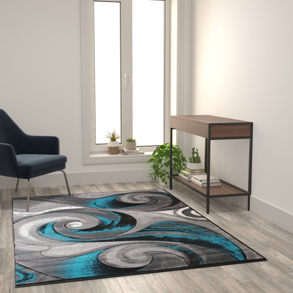 Angie Collection Rectangle 5' x 7' Turquoise Ocean Waves Pattern Area Rug