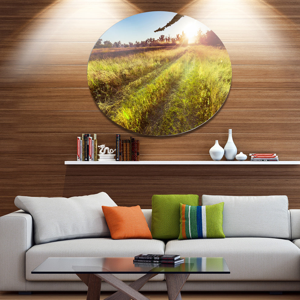 Farm Road In Rural Meadow, Landscape Large Disc Metal Wall Art, 23"