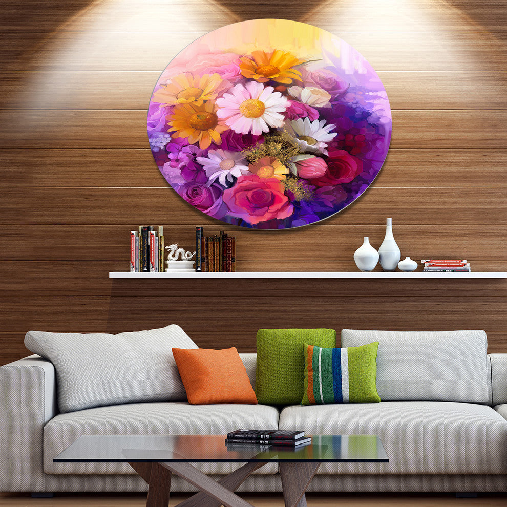 Colorful Bouquet Of Different Flowers, Flower Disc Metal Artwork, 11"