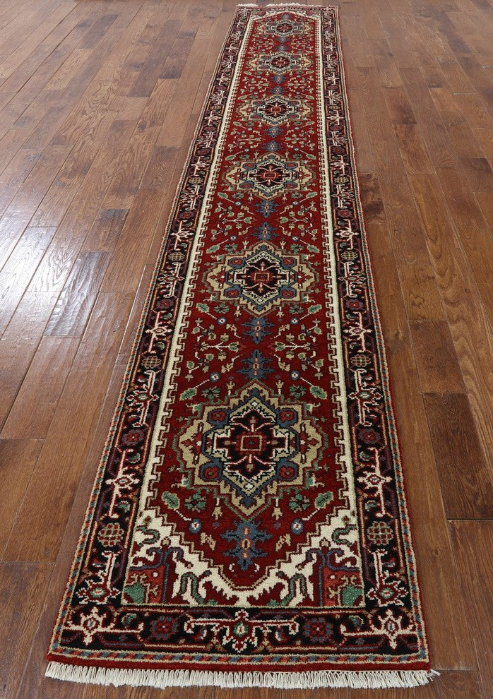 Unique Oriental 3'x16' Heriz Serapi Floral Red Hand Kotted Wool Runner H9241
