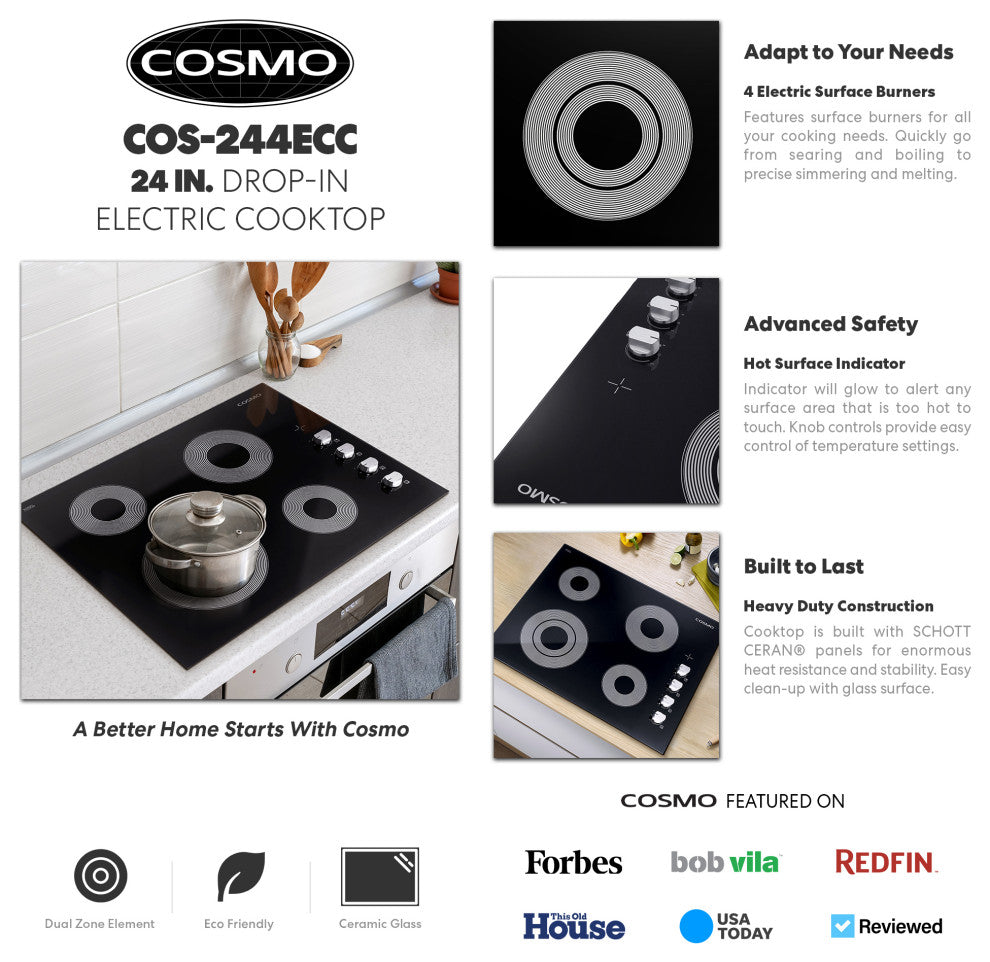 Cosmo 24" Electric Ceramic Glass Cooktop With 4 Elements, Dual Zone Element