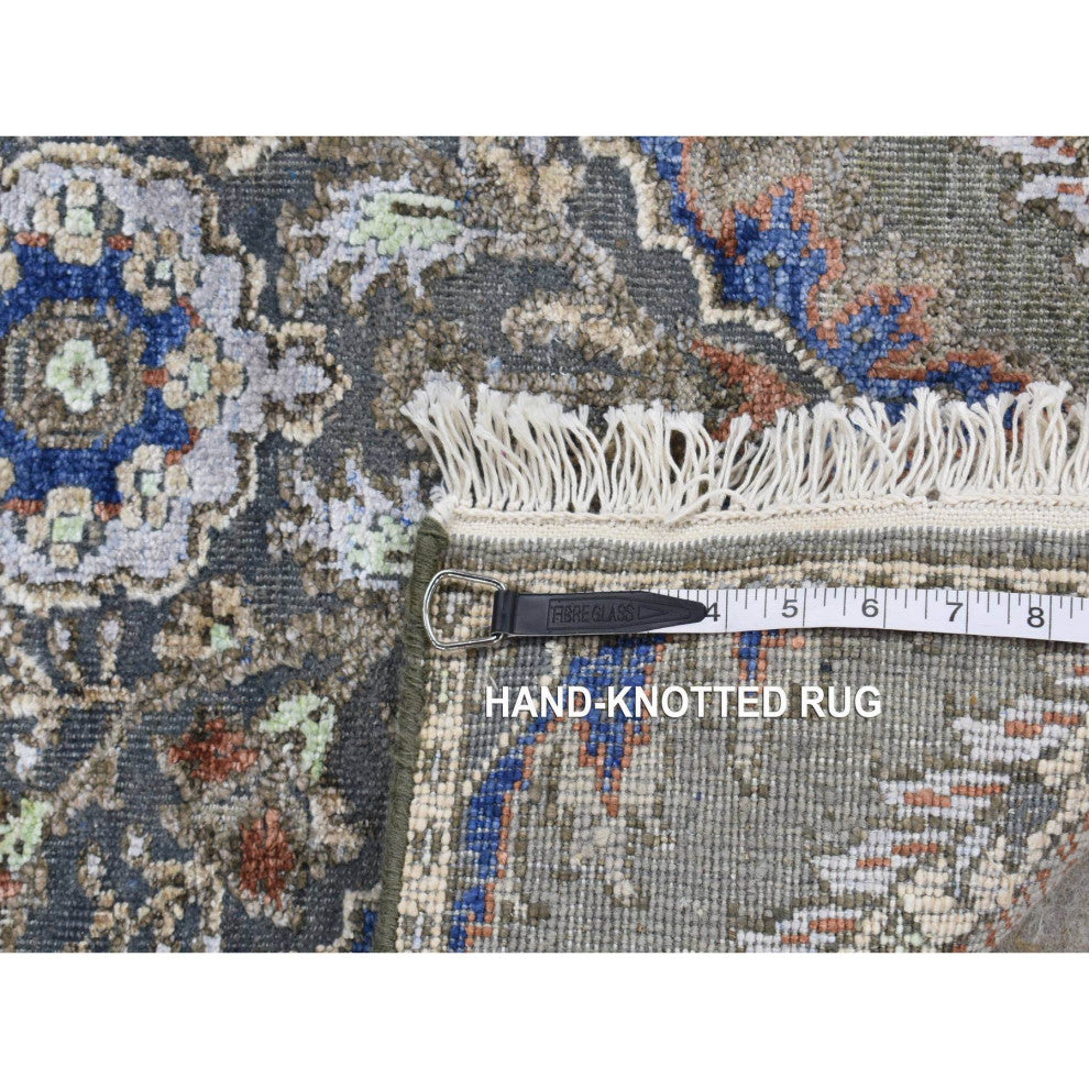 Storm Gray Mughal Design Silk With Wool Hand Knotted Runner Rug 2'6"x10'