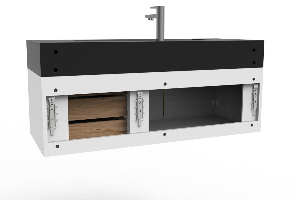 CastelloUSA Nile 48" Wall Mounted Vanity Set, White, Black Top, Gold Handles