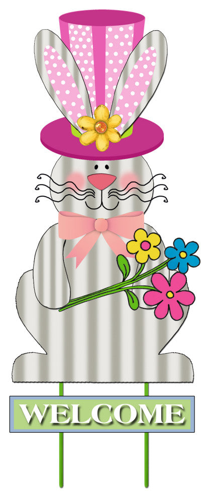 31.5" Welcome Easter Bunny Garden Stake, With Pink Hat
