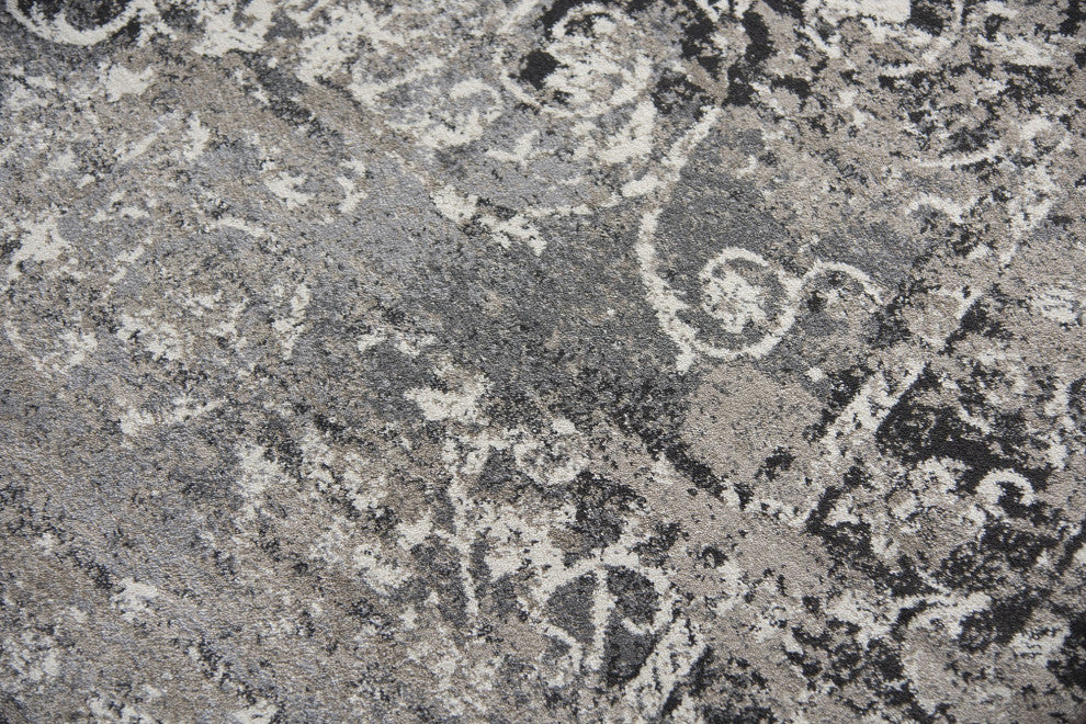 Panache Taupe Central Medallion Scroll Distress Rug, Rectangular 5'3"x7'6"