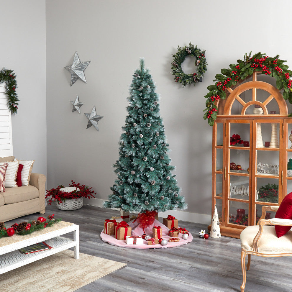 8' Frosted Tip British Columbia Mountain Pine Faux Xmas Tree W/Lights & Pinecone