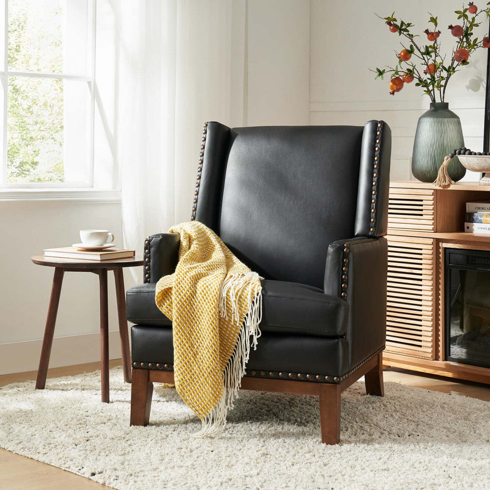 30"W Mid-Century Style Genuine Leather Armchair With Solid Wood Frame, Black