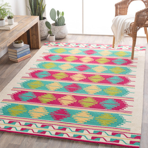 Surya Rain RAI-1272 9'x12' Rug, Emerald/Bright Pink/Lime/Bright Yellow/Cream