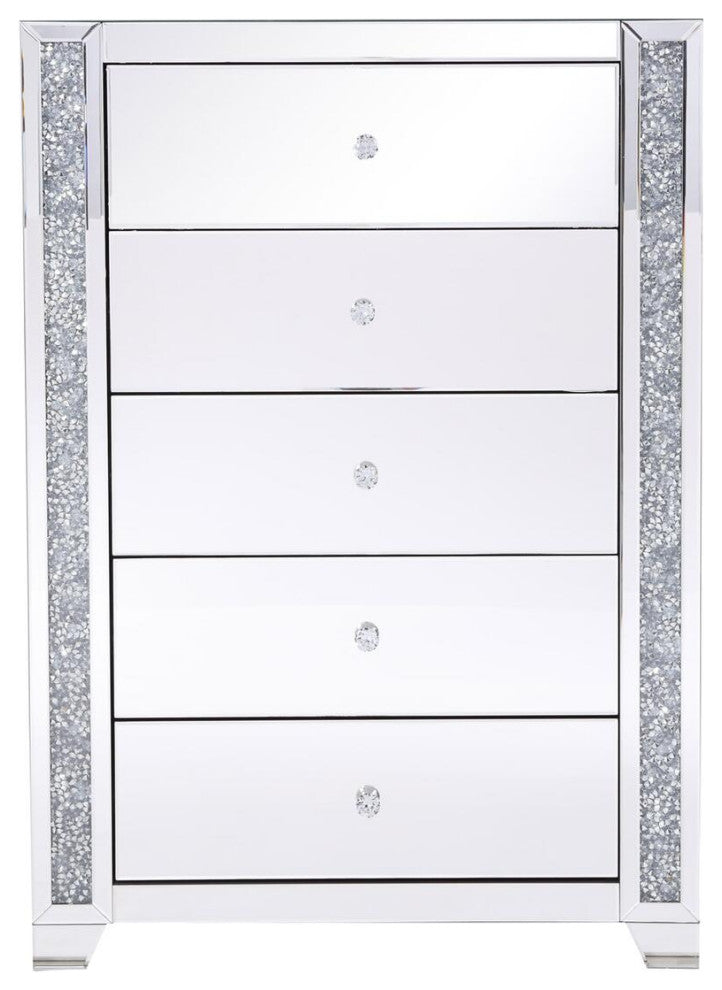34" Silver Crystal Mirrored Five Drawer Cabinet