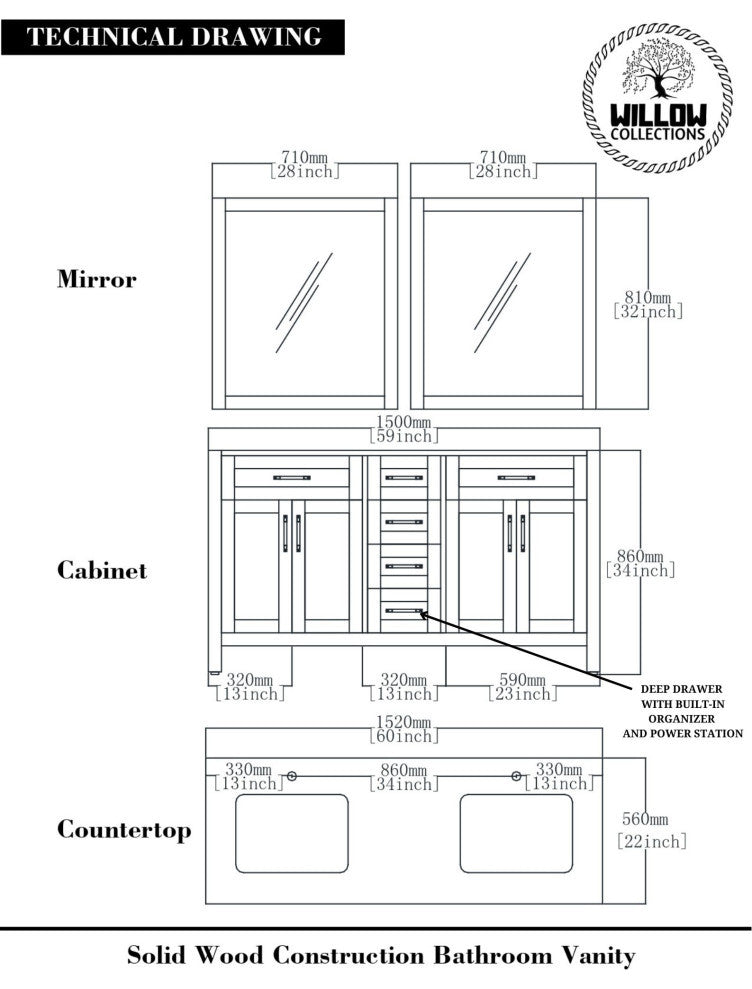 Cambridge 60 Double Bathroom Vanity in Coventry Gray 2" Carrara Quartz