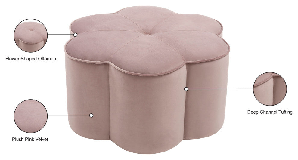 Daisy Velvet Upholstered Ottoman, Pink, 32" W x 32" D