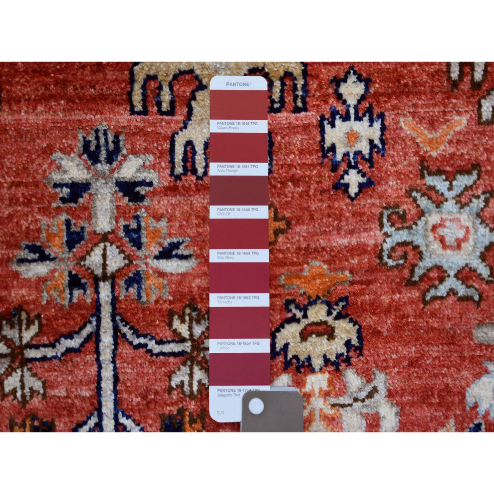 Coral Red Afghan Ersari Elements Design Hand Knotted Wool Runner Rug 4'0" x 9'7"