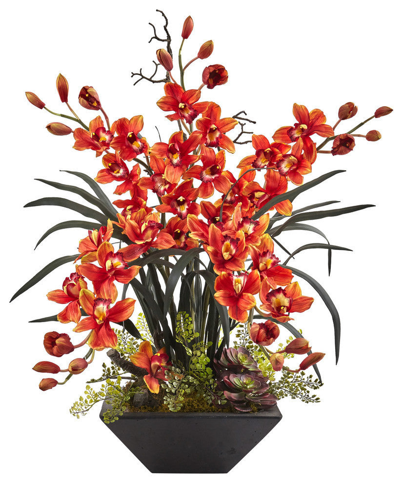 Cymbidium Orchid Silk Arrangement With Black Vase, Burgundy