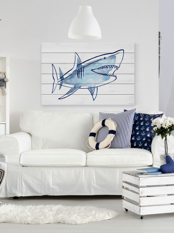 "Shark Outline" Painting Print on White Wood, 36x24