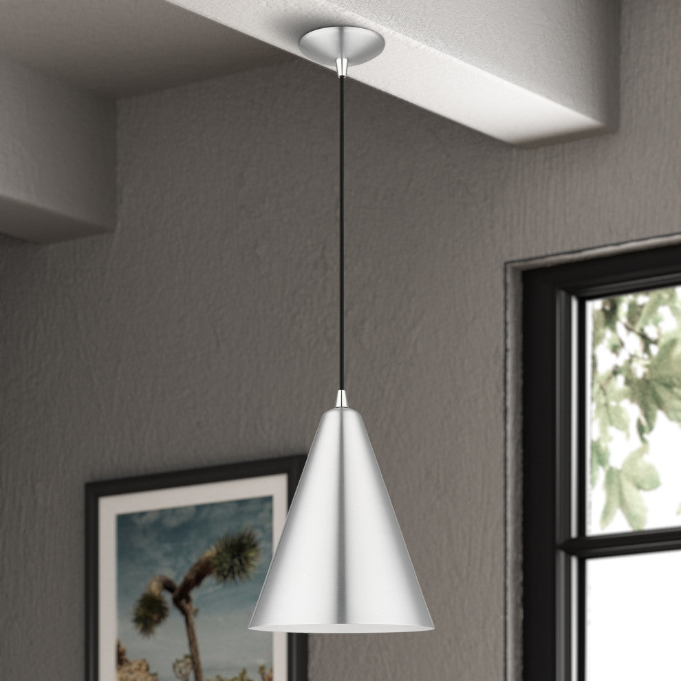 Dulce 1-Light Brushed Aluminum Cone Pendant, Polished Chrome Accents