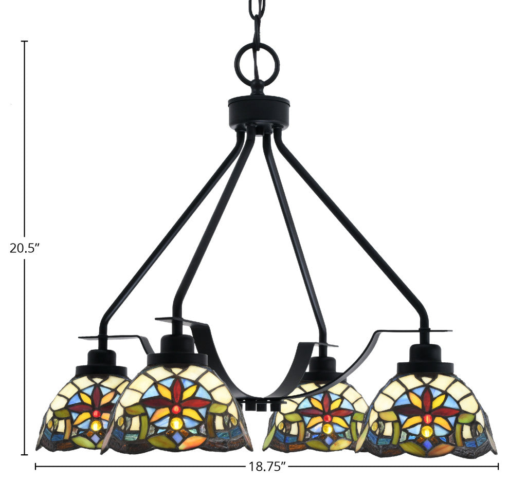 Odyssey 4 Light, Chandelier In Matte Black Finish With 7" Earth Star Art Glass