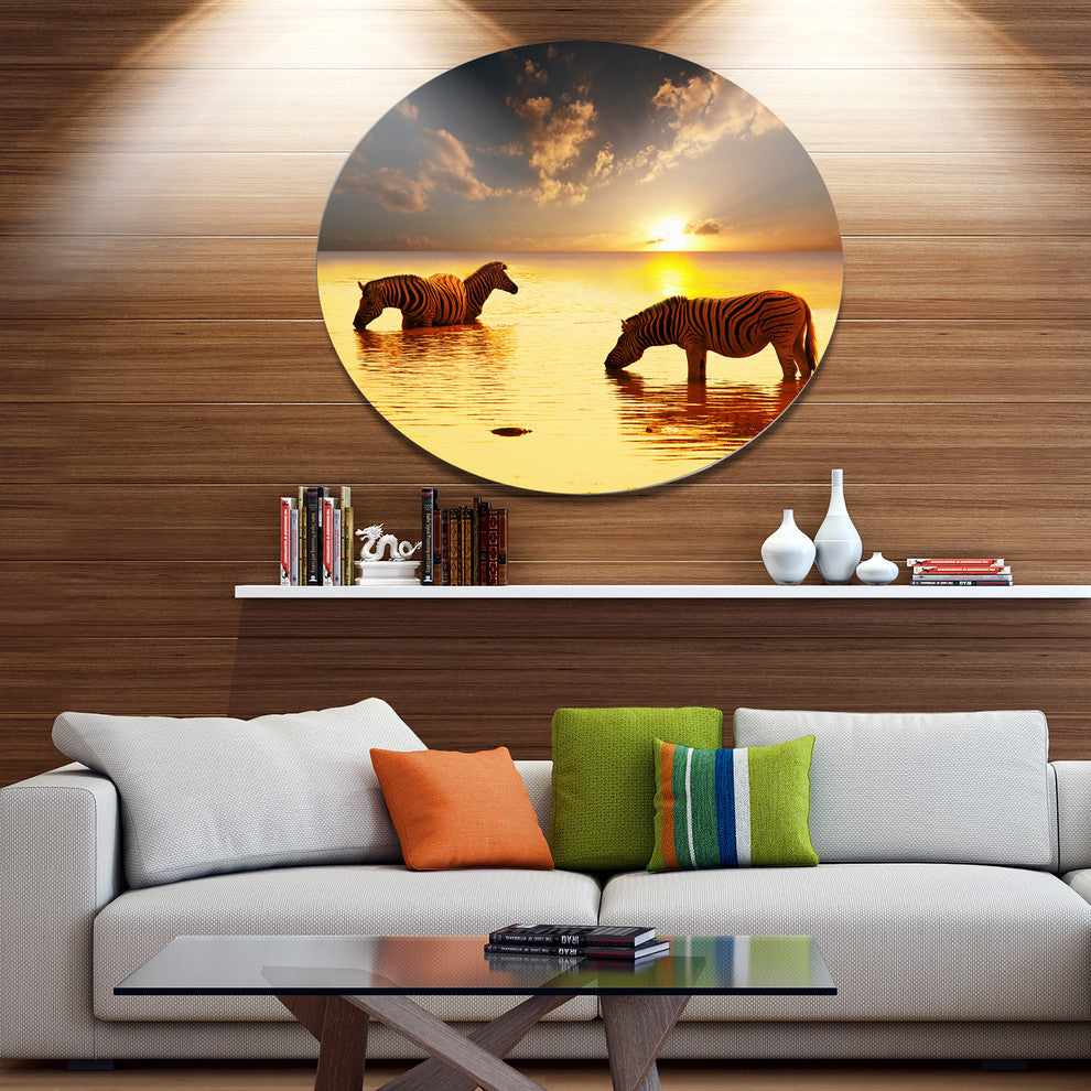 Zebras In Water At Sunset, African Disc Metal Artwork, 36"