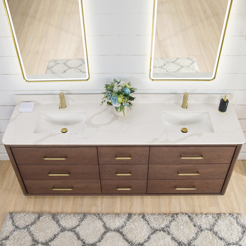 Porto Bath Vanity with White Quartz Stone Top, Dark Brown Oak, 84 in., No Mirror