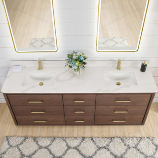 Porto Bath Vanity with White Quartz Stone Top, Dark Brown Oak, 84", No Mirror