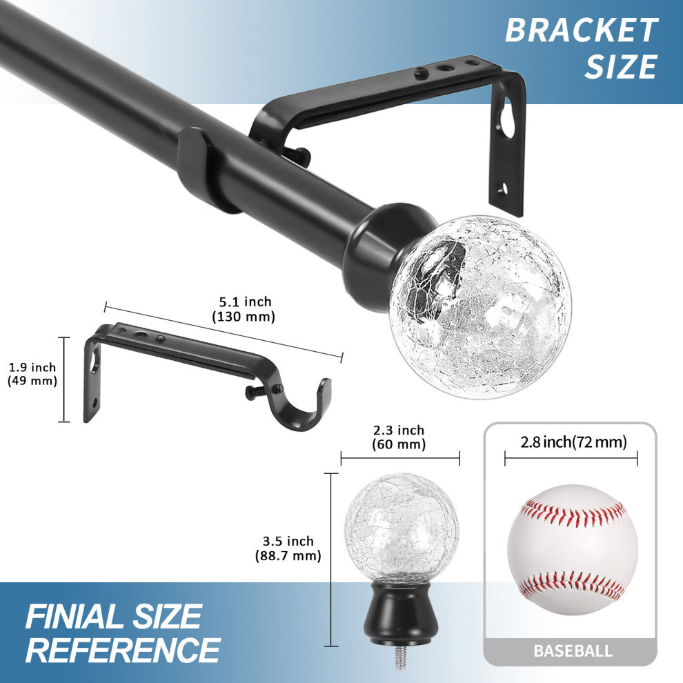 1" Diameter Crackle Glass Single Drapery Curtain Rod, Black, 84"-120"