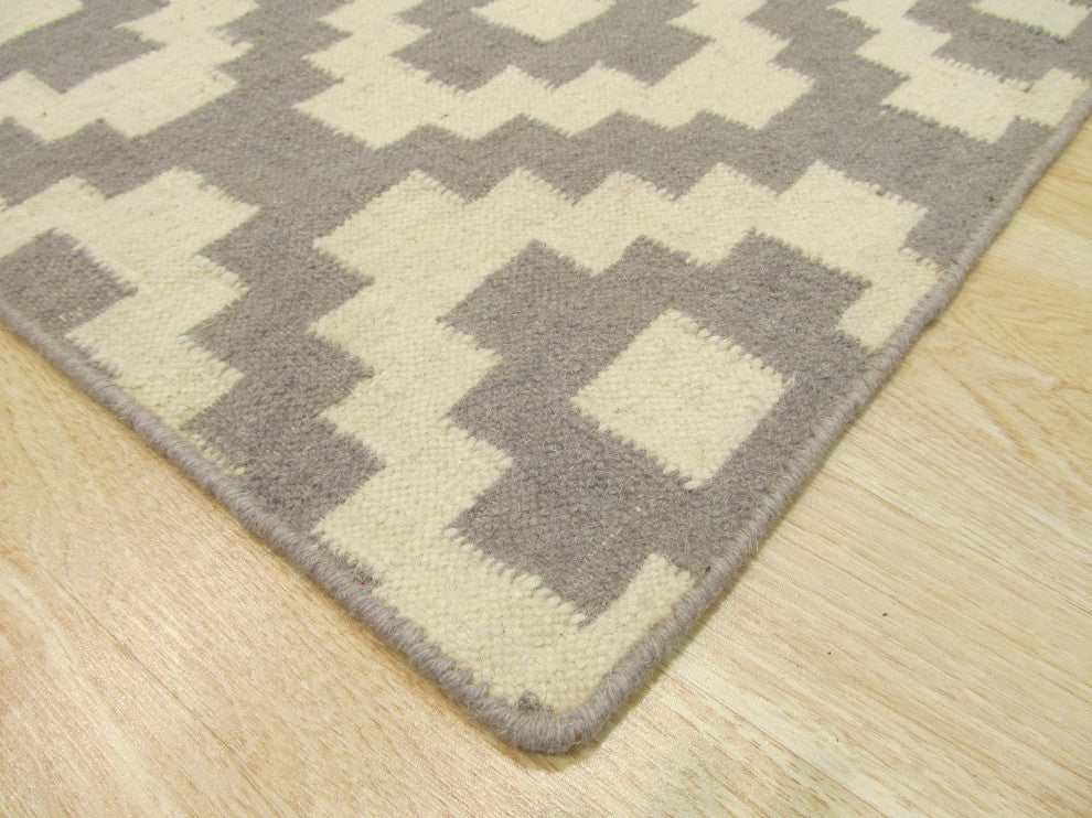Handmade Wool Gray Contemporary Trellis Flatweave Reversible Moroccan Rug, 12'x15'
