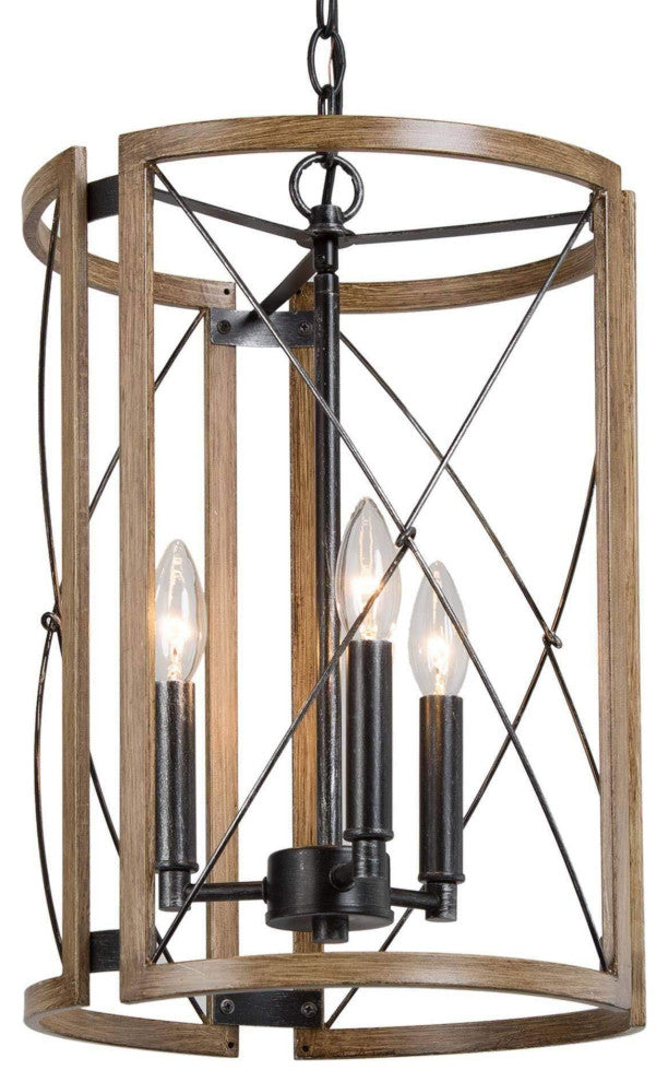 4-Lights Matte Black and Wood Tone Farmhouse Chandelier For Chateau