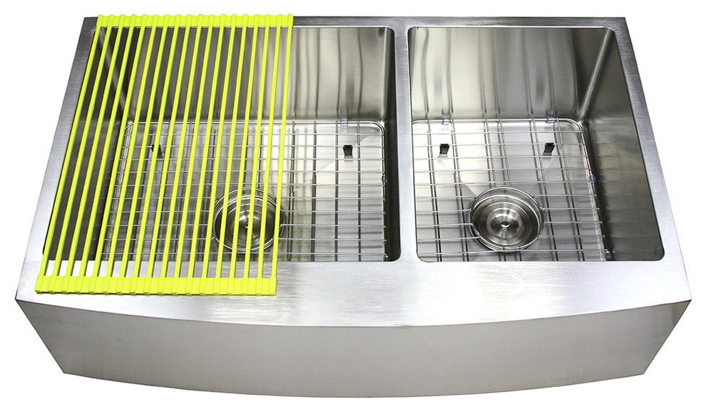 36" Curved Front Apron Stainless Steel Double Bowl Kitchen Sink Package
