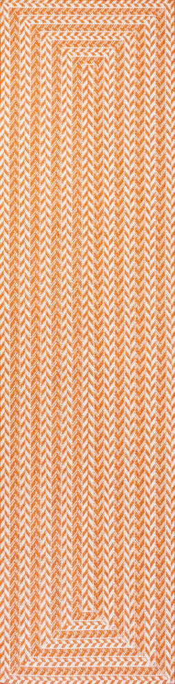 Chevron Modern Concentric Squares Indoor/Outdoor Area Rug, Orange/Cream, 2 X 8