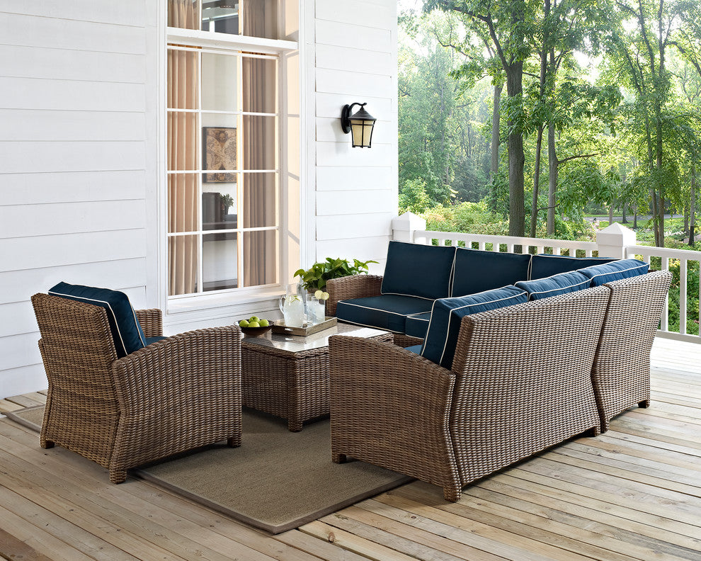 Bradenton 5-Piece Outdoor Wicker Seating Set With Navy Cushions