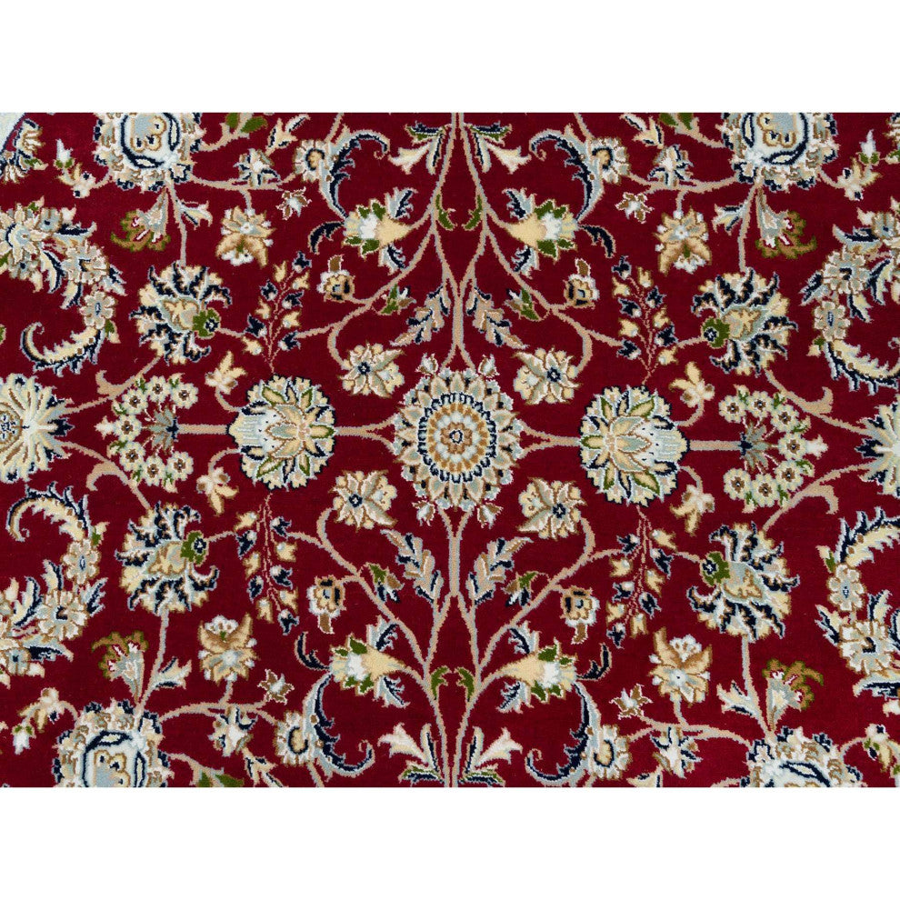 Red, 250 KPSI, Organic Wool, Hand Knotted, Nain Design Round Rug, 6'x6'
